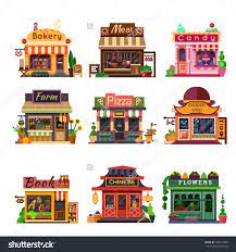 Set Of Nice Shops Different Showcases Bakery Meat Shop Candy Store Farm Products Pizza Cafe C Building Illustration Shop Illustration Minecraft Designs