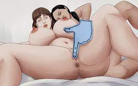 2girls adultart (artist) anus ass big ass big breasts black hair  breasts brown hair celebrity closed eyes erect nipples female female only  fingering foam finger huge breasts interracial legs