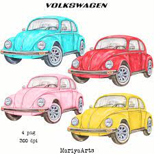 Red Car Clipart Hand Painted Watercolor Blue Retro Classic Volkswagen Vintage Yellow Car Vw Beetle Pink Autom Pink Volkswagen Beetle Vintage Vw Yellow Car