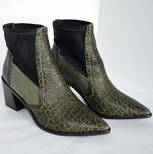 Tibi Spencer Black Olive Crocodile Embossed Leather Booties