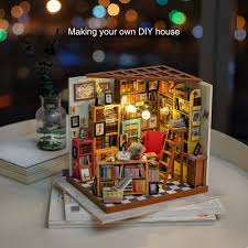 Robotime Rolife Diy 1 24 Miniature Dollhouse Kit Sam S Study Room Library Dg102 With Led Lights Handcraft Model Gift Home Decor Scene Wooden Dollhouse Kits Dollhouse Library Dollhouse Kits
