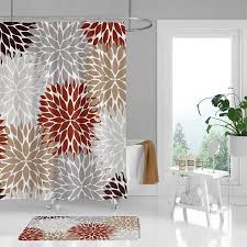 Dahlia Shower Curtain Bath Mat In Red Tan Grey And Brown Floral Shower Curtains Pink Shower Curtains Bathroom Decor Colors
