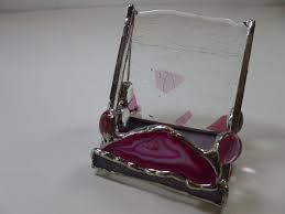 Stainless steel modern thumb slide out pocket business credit card holder case. Hand Made Stained Glass Upright Business Card Holder With Pink Brazilian Agate By Glass Monkey Arts York Stained Glass Custommade Com