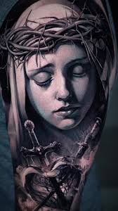 Religious Tattoo Mary with Sacred Heart: Realistic Black and Grey Art