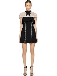Black And White Self Portrait Dress Self Portrait Ditsy Mesh Cape Ruffle Cady Crepe Mini Dress In Black White Modesens Lace Dress With Sleeves Mini Dress Mini Black Dress