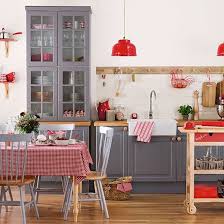 grey and red shaker style kitchen
