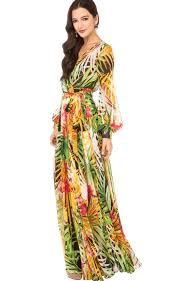 Leaves Printing V Neck Long Sleeves Chiffon Maxi Beach Dress Chiffon Dress Long Maxi Dress Long Summer Dresses