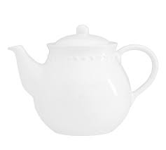 A vanity tray, pedestal or storage boxes are essential. Emma Beaded Stoneware Teapot Pottery Barn