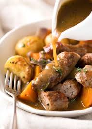 Sausage Bake With Potatoes And Gravy Recipe In 2020 Sausage Bake Sausage Dishes Recipetin Eats