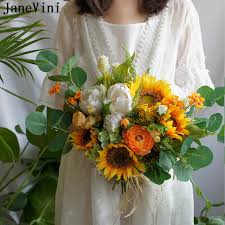 Wholesale prices · use coupon wedding · environmentally friendly Janevini Vintage Bridal Bouquets Yellow Sunflower Wedding Flowers Ramo De Novia Artificial Silk White Peony Bouquet Mariage 2019 Wedding Bouquets Aliexpress