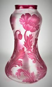 Val St Lambert Vase Boma Aux Pavots Camille Renard Vers 1903 1905 Cristal Clair Souffle Double Rose Sur Fond Satine Grave A L Acide Pavot Vase Cristal
