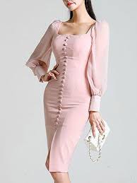 Square Neck Pink Bodycon Cocktail Statement Midi Dress Pink Bodycon Midi Dress Long Sleeve Cocktail Dress Midi Dress Bodycon