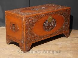 Oriental carved camphor wood chest. Antique Chinese Carved Camphor Wood Chest Luggage Trunk Table