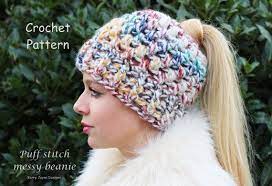 Puff Stitch Messy Bun Beanie Crochet Pattern By Kerryjaynedesigns Crochet Bun Hat Messy Bun Hat Pattern Messy Bun Hat Crochet Pattern