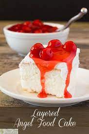 Layered Angel Food Cake Baked In A 9 X 13 Pan With A Creamy Cream Cheese Filling Top With Cherry Pie Fill Angel Food Cake Mix Recipes Angel Food Cake Recipes