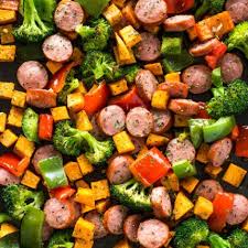 Sausage Sweet Potato Broccoli And Bell Peppers Seasoned With Olive Oil Garlic Italian Seasoning And Roast Hot Dog Recipes Veggie Hot Dog Sheet Pan Recipes