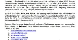 Demikian informasi lowongan kerja pt dan liris sukoharjo. Informasi Lowongan Kerja Pt Bukit Asam Diduga Modus Penipuan Indonesia Media Center