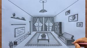 This drawing has picture frames, a window, shelves, a couch, and a table. How To Draw A Room In 1 Point Perspective Step By Steps Youtube