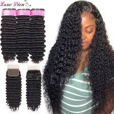 Malaysian curly hair malaysian body wave hair malaysian wavy hair. Luxediva Deep Wave Bundles With Lace Closure Brazilian Remy Deep Curly Human Hair Bundles Weave And Lace Closure For Black Women 3 4 Bundles With Closure Aliexpress