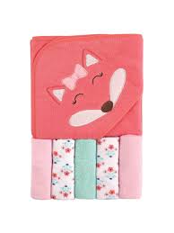 Woven from pure cotton, these nursery bath wraps feature whimsical details like ears on the hood and tails. Luvable Friends Baby Hooded Towel With 5 Washcloths Set Girl Fox Walmart Com Walmart Com