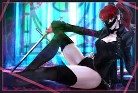 video game characters, women with swords, redhead, ponytail, red eyes,  cleavage, Persona 5, Kasumi Yoshizawa, anime girls, video games, video game  girls, stockings, sword, mask | 3000x2031 Wallpaper - wallhaven.cc