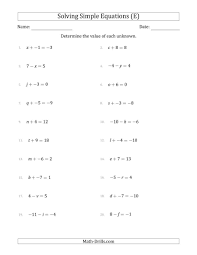 The Solving Simple Linear Equations With Unknown Values Between 9 And 9 And Variables On The Left Side In 2020 Algebra Worksheets Solving Linear Equations Equations
