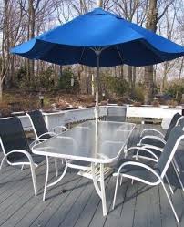Fortunoff Cape Cod Blue Sling Chair Patio Set Rectangle Glass Table Umbrella Fortunoff Patioset Patio Capecod Blueslingchair Patio Patio Set Outdoor