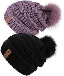 Queenfur Women Knit Slouchy Beanie Chunky Baggy Hat With Faux Fur Pompom Winter Soft Warm Ski Cap 2 Pcs Black Purple At Amazon Wo Ski Cap Hats Slouchy Beanie