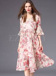 Pink Printing Flare Sleeve Chiffon Dress Slimming Midi Dress Casual Silk Dresses Maxi Dress With Sleeves