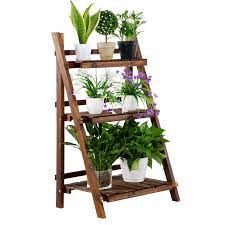 3 Tier Folding Wooden Ladder Shelving Flower And Plant Display Stand For Indoors Or Outdoors Walmart Com Wooden Plant Stands Plant Shelves Flower Stands
