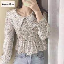 Asian floral pattern womens stretch longsleeve. Vmewsher New Spring Floral Women Blouse Elastic Bust Big Collar Puff Long Sleeve Female Flower Print Ruffle High Waist Short Top Shopee Malaysia