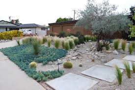 There Is Something So Spare And Lovely About This Front Yard With Blue Senecio Barrel Cacti Feather Grasses Nature Garden Design Garden Design Nature Garden