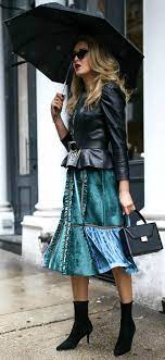 Velvet Dress Leather Jacket Forest Green Two Tone A Line Ruffle Trim Midi Dress Black Smooth Peplum Leather Jacket Dress Nyc Blogger Fashion Nyc Fashion