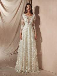 Es ist nun leider die zeit gekommen, wann ich. Romantische Brautkleid Langarm Ivory Spitze Blumen Perlen Strass U Ausschnitt