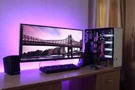 Wooden Gaming Computer Desk Setup Neat Computer Rig With Wide Lg Monitor Computer Desk Setup Gaming Computer Desk Pc Setup
