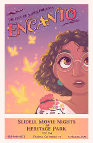 Join us next Friday, Oct. 14, at 7 pm in Heritage Park for Slidell Movie  Nights featuring Encanto. Admission is free! Shout out to Department of  Cultural & Public Affairs arts intern
