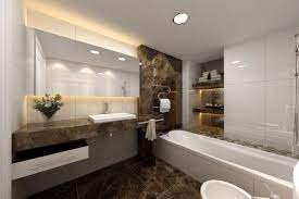 This contemporary vanity design is a nice juxtaposition to the heavily patterned wallcovering in this small but mighty bathroom. German Bathroom Designs Google Search Modern Bathroom Design Marble Modern Luxury Bathroom Zen Bathroom Design