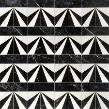 Key features are reflective glossy surfaces, geometric shapes and patterns, and metallics such as be bold and combine antique glass or jet black and brilliant white tiles on walls and striking victorian floor tile patterns or floor mosaics. Art Deco Starburst Vanessa Deleon 24x24 Mosaic Tile Layout 1