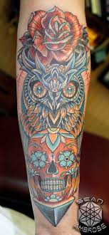 122 amazing owl tattoos & their meanings. Traditional Rose Owl Sugar Skull Tattoo By Seanspoison On Deviantart