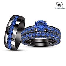 Black And Blue Wedding Ring Set His Her Wedding Band Engagement Trio Ring Set Blue Sapphire 10k Black Gold Fn With Images Silver Engagement Rings Sapphire Engagement Ring Blue Birthstone Engagement Rings