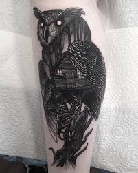 Lipa On Instagram Owl At Eisenherztattoopiercing Kwadronneedle Magdeburg Trees Forest House Houseinthe Black Owl Tattoo Tree Tattoo Back Owl Tattoo