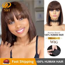You'll receive email and feed alerts when new items arrive. Short Human Hair Wig With Fringe For Women Straight Remy Hair Bob Wigs With Bangs Dark Brown Balayage Highlight Color Full Machine Wigs Aliexpress