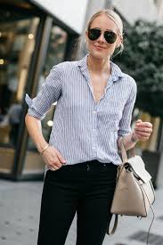 Black And White Striped Shirt Outfit Women S Blonde Woman Wearing Blue White Stripe Collared Shirt Black Skinny Jeans Celine Mini Belt Bag Celine Aviator Sungla Fashion Jackson Fashion Collar Shirts Women
