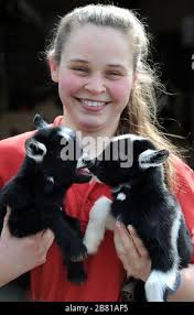 Bolton, Lancashire, UK, 19 March 2020. Smithills Open Farm in Bolton,  Lancashire, welcome a host of new spring time arrivals. Staff member Joanne  Bowker with a pair of day old Pygmy Goats. The family run farm