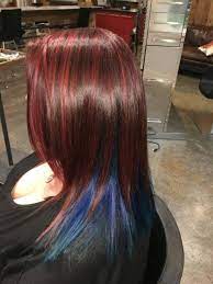 Burgundy Red Hair With Blue Underneath Hair Color Flamboyage Burgundy Red Hair Blue Hair Highlights