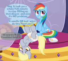 3003503 - questionable, artist:juicebarx, derpy hooves, rainbow dash,  pegasus, pony, g4, annoyed, bed, derp, diaper, diaper change, diaper  fetish, duo, fetish, full diaper, hoof sucking, lying down, messing, messy  diaper, non-baby in