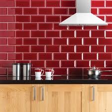 It plays well with the neutral wood island and the blue stove as well. Red Glass Subway Tile Farmhouse Chic Kitchen Red Kitchen Tiles Red Subway Tile
