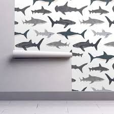 Shark Sharks Nautical Boys White Background Kids Ocean Sea Tiger Shark Hammerhead Shark Fabric Wallpaper Ocean Themed Bedroom Bathroom Kids Shark Bedroom