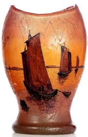 Francois Theodore Legras 1839 1916 Vase En Forme Meplate En Verre Double A Decor Grave Et Emaille De Voiliers Voguant Sur Un P Vases Decor Art Nouveau Art