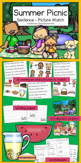 Summer Picnic Sentence Picture Match Has 18 Sentences To Read And Match With Adora Kindergarten Writing Paper Kindergarten Reading Activities Picnic Activities